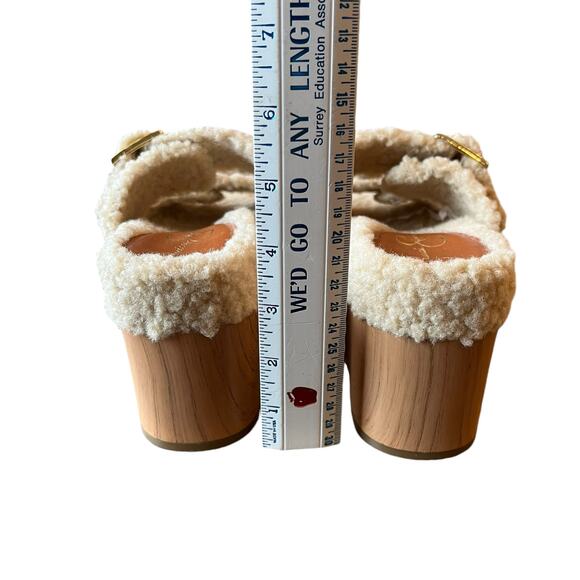 Jessica Simpson Cyriss Sandals 8.5? Tan Cream Faux Wood Platform Furry Sherpa - Picture 2 of 6